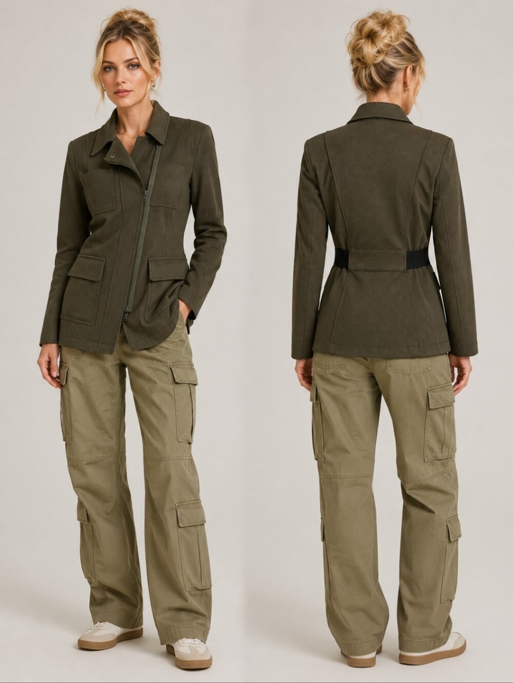 CAbi Olive Green Tailored Blazer Utility Knit Quality Jacket Cool Girl EUC Sz S
